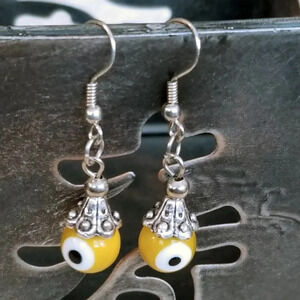 Handmade Evil Eye Yellow Lampwork Glass Beads Protective Talisman Drop Earrings